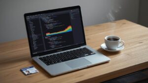 Apple MacBook Pro 14-inch with M5 chip running Python data visualization code for a UK student.