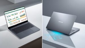 Samsung Galaxy Book 6 Ultra 2026 front and back view featuring Frost-Flow liquid cooling technology for silent office productivity in the UK.