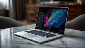 ASUS Zenbook S 16 with 3K OLED screen showing a large dataset on a London-themed workstation.