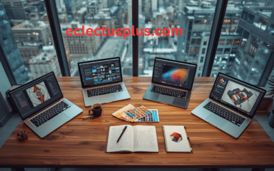 A professional creative workspace in the UK featuring five budget graphic design laptops for 2026, including OLED and AI-powered models from Huawei, Dell, Samsung, and Microsoft, displayed with design tools and a London city view.