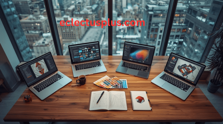 A professional creative workspace in the UK featuring five budget graphic design laptops for 2026, including OLED and AI-powered models from Huawei, Dell, Samsung, and Microsoft, displayed with design tools and a London city view.