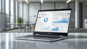 HP OmniBook Ultra 14 displaying Power BI dashboards for business analytics students in the UK.