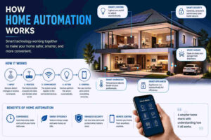 A modern infographic showing how home automation works in a smart house, including connected systems for lighting, security, thermostat control, appliances, and garage automation, all managed through a smartphone app with a clear step-by-step workflow from input to control.