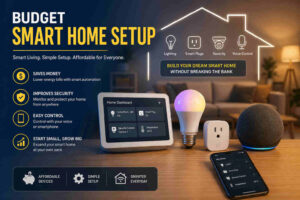 Affordable budget smart home setup featuring smart bulbs, smart plugs, voice assistant speakers, and a mobile control dashboard in a modern living room environment.