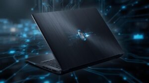 ASUS ExpertBook P5 Misty Grey commercial laptop showing its 14-inch 2.5K anti-glare display and secure aluminum chassis design, built for corporate data