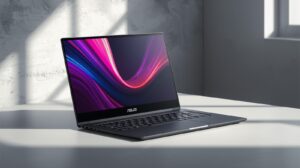 ASUS ProArt PX13 convertible laptop in tent mode with a 3K OLED touchscreen and Ryzen AI 9 processor.