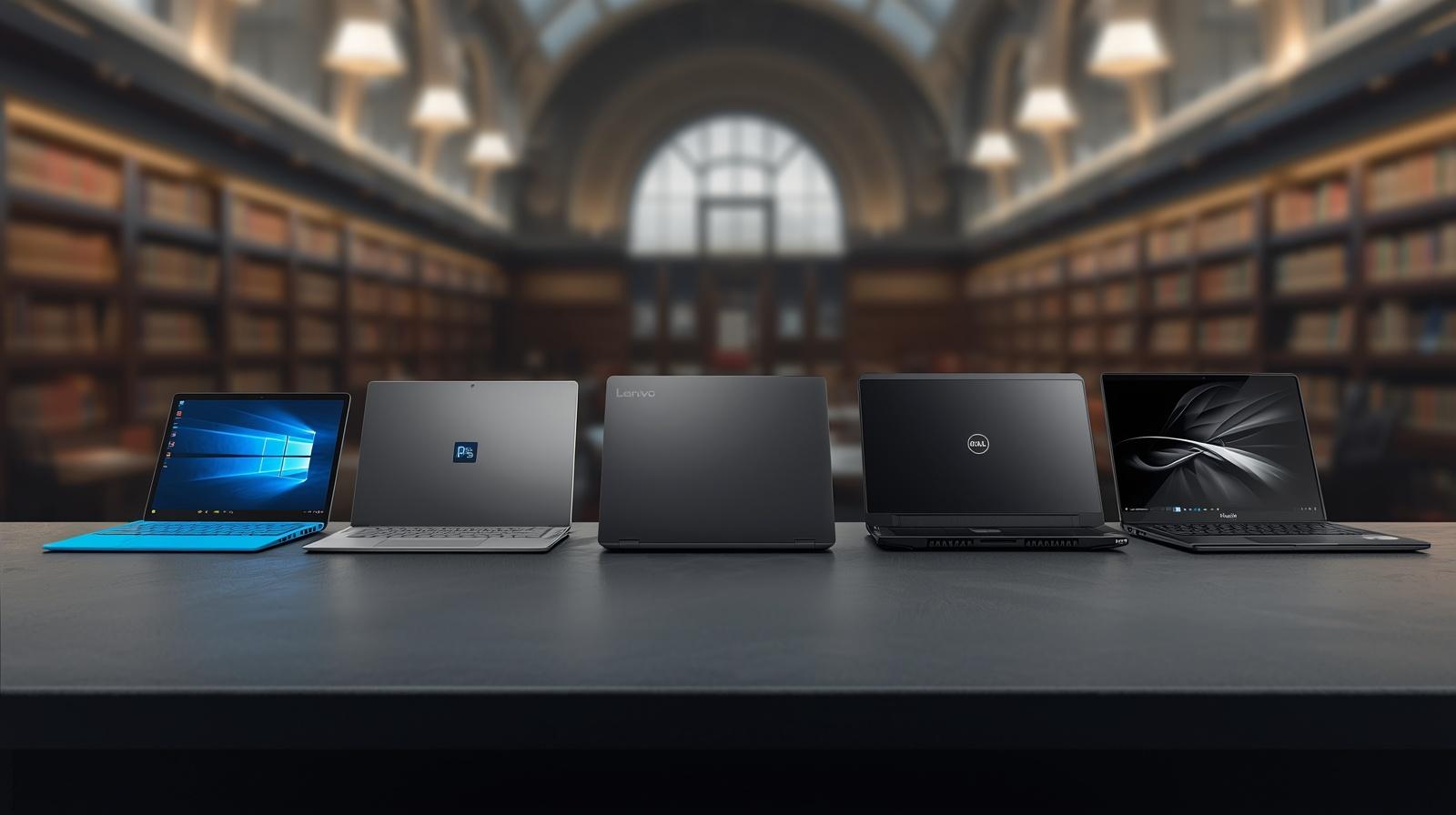 A panoramic professional studio shot featuring the Microsoft Surface Laptop, MacBook Pro 14, Lenovo IdeaPad Slim 3, ONERugged N14A, and Dell XPS 14 side-by-side.