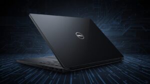 Dell XPS 14 featuring a seamless glass haptic touchpad and InfinityEdge display showing Python code.