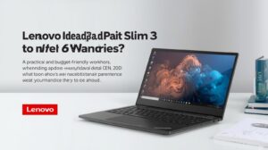 Lenovo IdeaPad Slim 3 on a desk next to a UK GCSE Maths textbook, highlighting its full-sized keyboard and numeric pad.