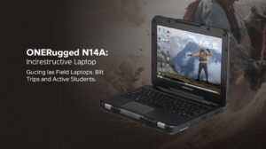 Industrial rugged laptop ONERugged N14A in a field environment, demonstrating its water-resistant and drop-proof chassis.