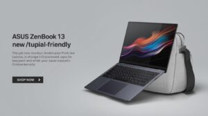 An ASUS ZenBook 13 UX333 being slid into a stylish small messenger bag,