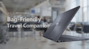 An ASUS ZenBook 13 UX333 being slid into a stylish small messenger bag, emphasizing its super compact footprint.