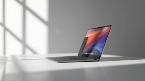 A close-up of a Microsoft Surface Laptop 13 in Sapphire Blue, open on a modern desk, showing a spreadsheet on its 3:2 screen.