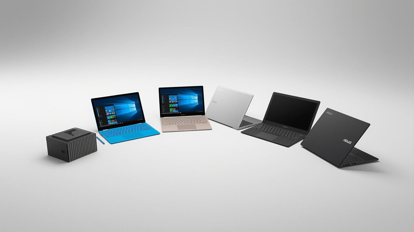 A comparison shot of five small Windows laptops: GPD MicroPC, Microsoft Surface Laptop 13, ASUS ZenBook 13 UX333, Lenovo ThinkPad X12, and ASUS L210 on a white background.